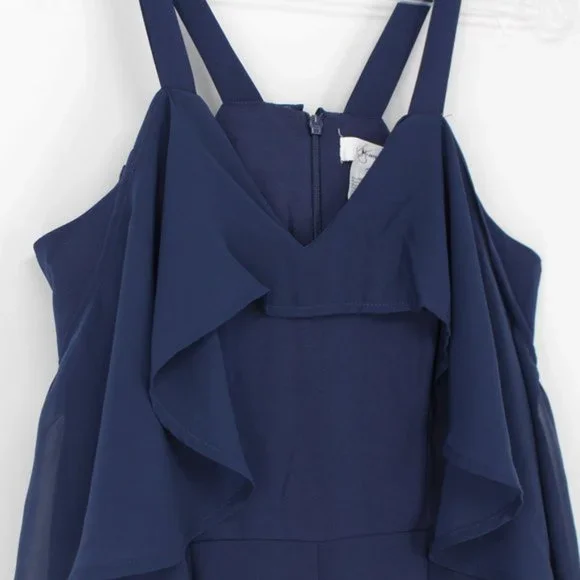 JAY GODFREY Oliver Navy Blue Wide Leg Jumpsuit Chiffon Ruffle Cold Shoulder 2 XS - Picture 3 of 9